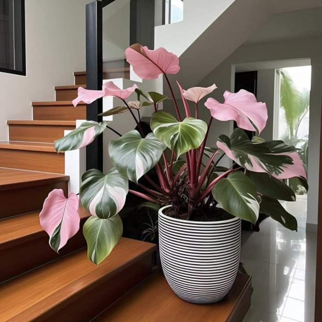 Beautiful pink philodendron in a striped modern pot