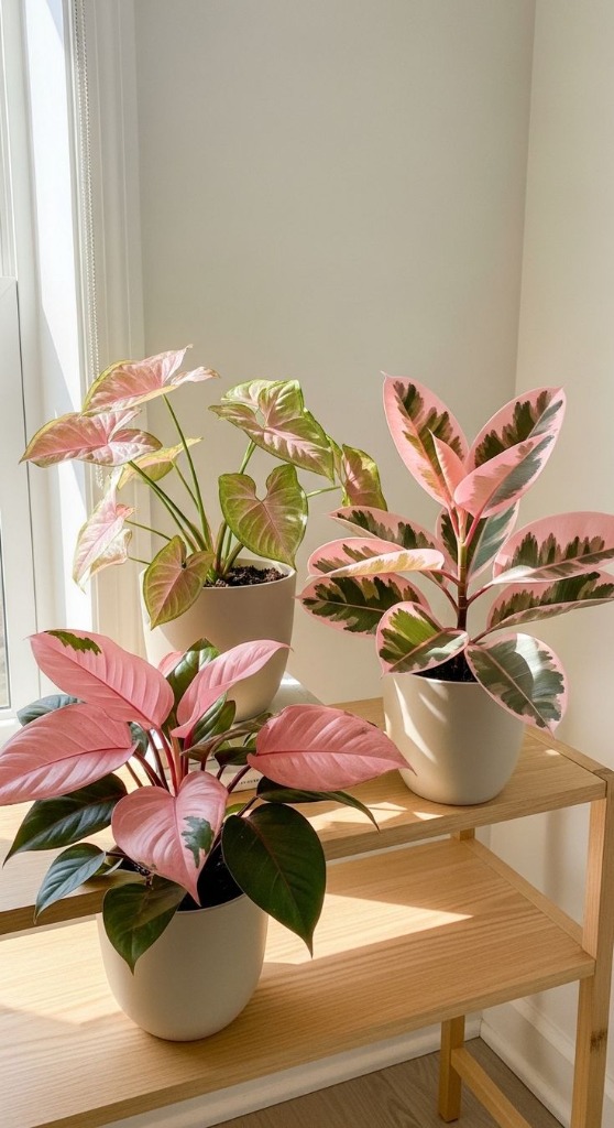 Pink Syngonium and Rubber Plant collection